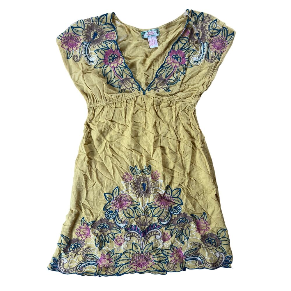 Flying Tomato Yellow Embroidered V-Neck Tunic with Pink & Blue Floral Accents